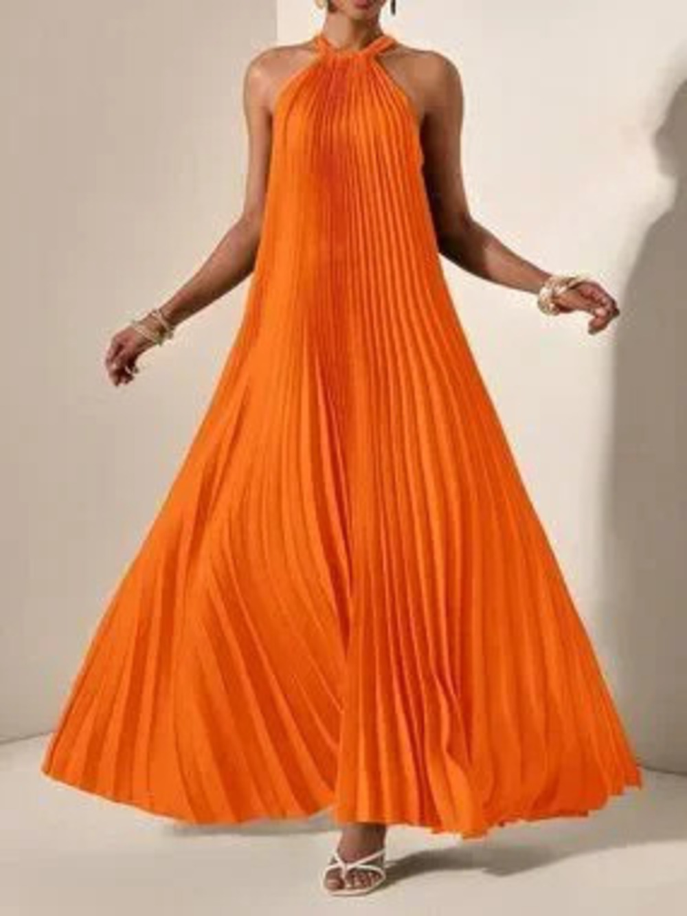 Orange Casual Women's Halterneck Sleeveless Pleated Maxi Dress